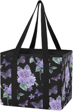 Purple Flowers Reusable Grocery Bags Large Shopping Tote Bag with Reinforced Bottom Board, Water Resistant Foldable Storage B