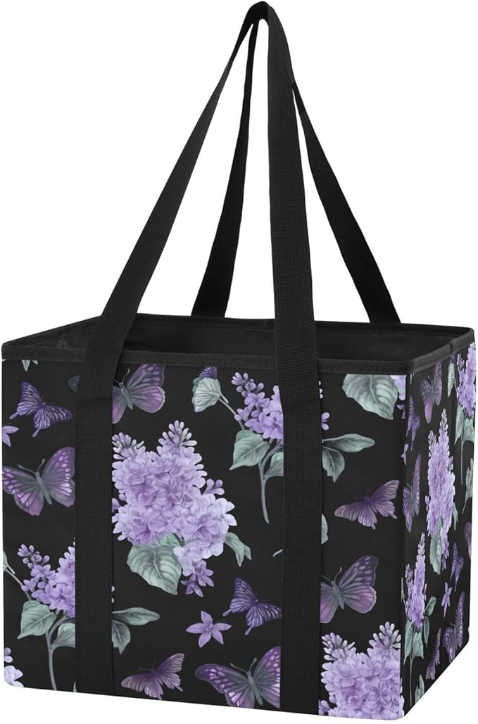 Purple Flowers Reusable Grocery Bags Large Shopping Tote Bag with Reinforced Bottom Board, Water Resistant Foldable Storage B