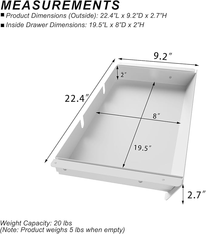 White Large Under Desk Mounted Sliding Drawer with 2 Cable Hole and 60 Degree Tilt Panel to Pull Out, 22.4'' Long & 9.2'' dee