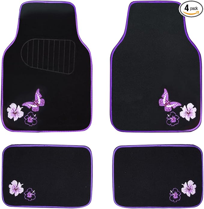 CAR PASS Embroidery Butterfly and Flower Car Floor Mats, Purple Car Floor Mats, Universal Fit 95% Automotive,SUVS,Sedan,Vans,