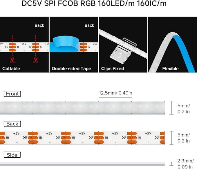 WS2812B Addressable LED Strip 16.4ft 160LEDs/m High Density 5V RGB Individual Lighting 800 ICS Flexible 5mm COB Uniform Light for Bedroom Car Decor | No Controller/Adapter