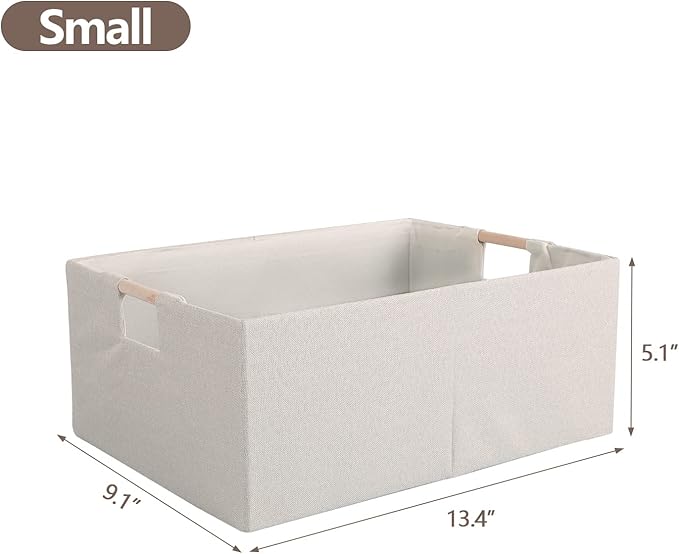 Fabric Storage Bin Box Foldable Cotton Linen Storage Basket with Wooden Handles Rectangular Cube Decorative Home Laundry Orga