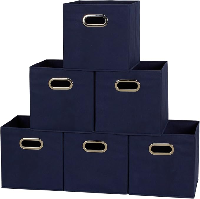 Household Essentials Fabric Storage Bins 6 Piece Set, Strong Poly-Woven Fabric, Sturdy Chipboard Sides, Grommet Front Handle,
