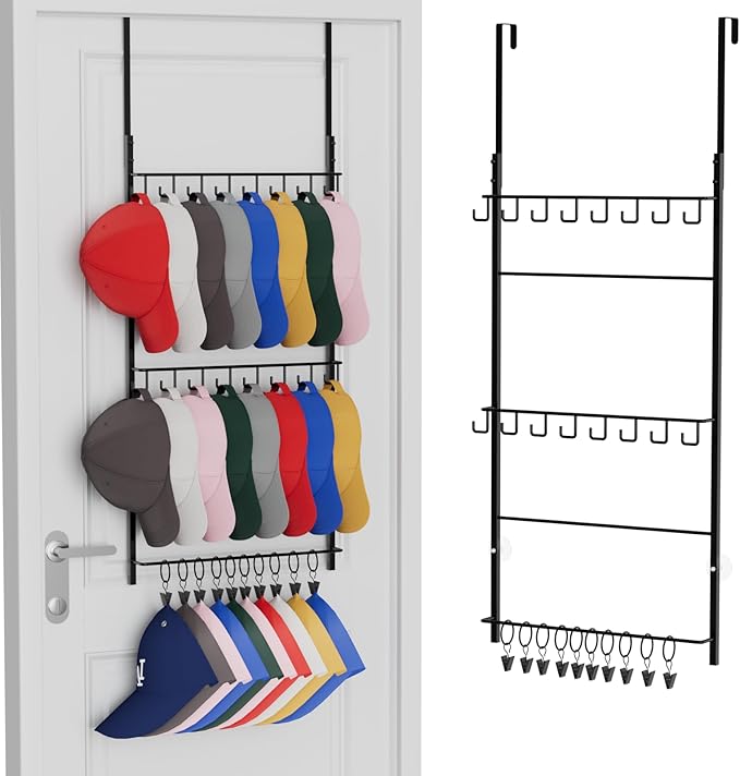 Consumest Over Door Hat Organizer - 3 Tier Wall Mounted Hat Rack with 16 Hooks and 10 Movable Clips, Hanging Baseball Cap Sto