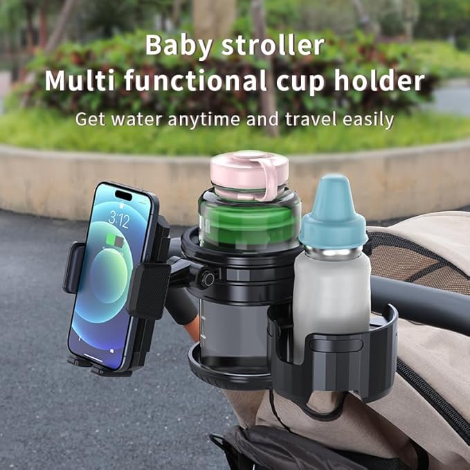 3-in-1 Stroller Cup Phone Holder Attachment, Universal Cup Holder with Adjustable Phone Mount, Double Cup Holder for Walker, 
