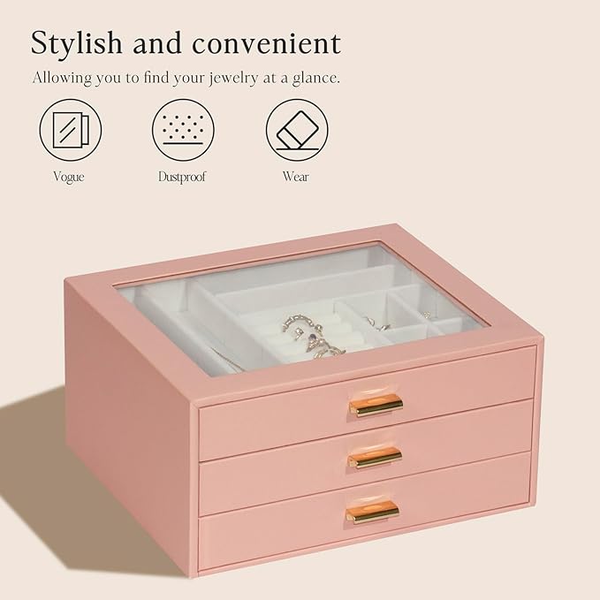 Jewelry Box Organizer with 3 Drawers,Glass Lid Jewelry Boxes for Women,Jewelry Storage for Rings,Necklaces,Earrings,Bracelets