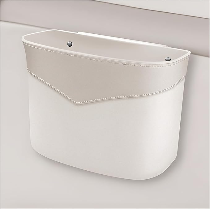 Car Trash Can, Mini Auto Garbage Bin Multipurpose Storage Container with Slot Clip, Waterproof Leather Small Dustbin Interior Accessories for Vehicle Door Front Back Seat (White)