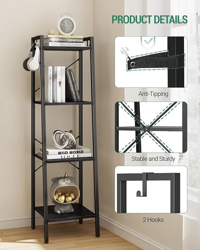 Hzuaneri Ladder Shelf, Bookshelf Bookcase, Freestanding Corner Storage Shelve with 2 Hooks for Home Office, Living Room, Kitc
