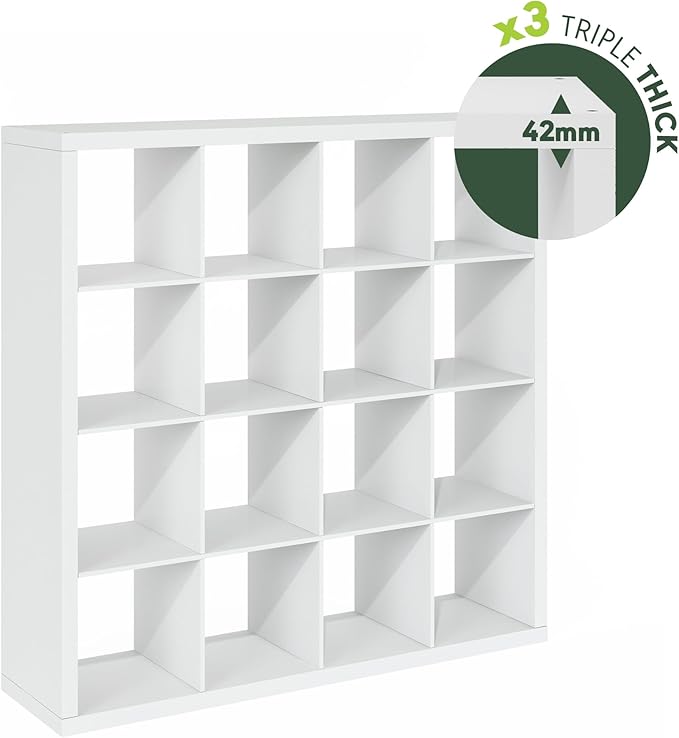 Furinno Cubicle Book Shelf, 16-Cube Bookshelf, Triple Thick Frame Cube Storage Organizer, 1.65" Bookcase, 15.4 x 57.4 x 56.9,