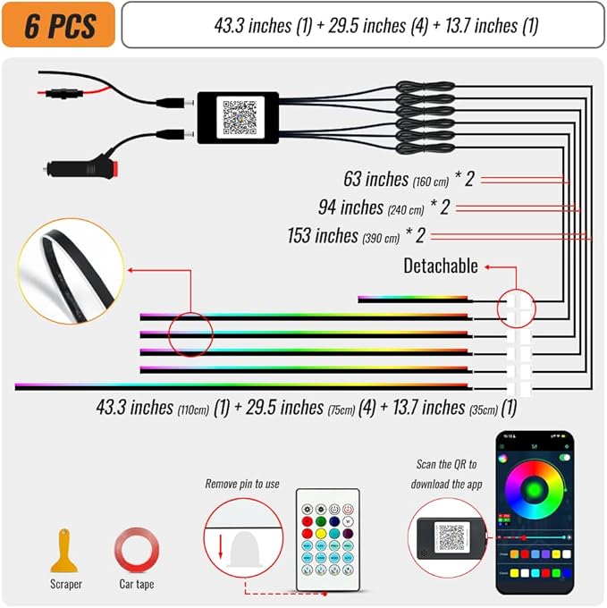 Ambient Lighting Car Led Lights Interior Kit,6 in 1 RGB Music Sync Acrylic Led Lights for Car Interior,175 inches DIY Fiber Optic Neon Accent Strip Ambiance Lighting with Wireless APP Remote