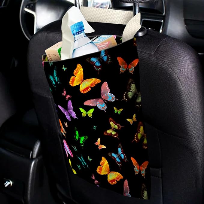 IRADA Car Trash Bag Hanging No Snap Small Garbage Bag for Car Back Seat Cute Printed One-Handed Strap Trash Bags Car Accessories-Butterfly Car Trash Bags