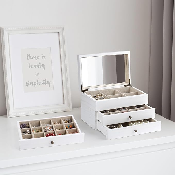 Meangood Jewelry Box Organizer for Women, 3 Layer Large Jewelry Storage Case, Rustic Wooden Jewelry Box with Mirror & Ring Tr