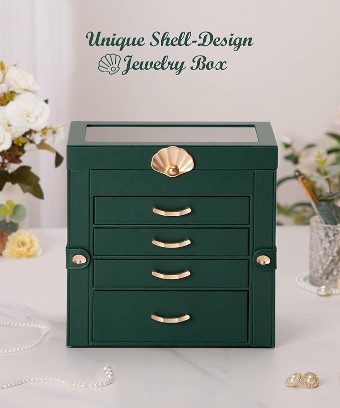 Enthralite Jewelry Box with 4 Drawers: Display Organizer for Earrings Necklaces - Gifts for Girls Women (Forest Green)