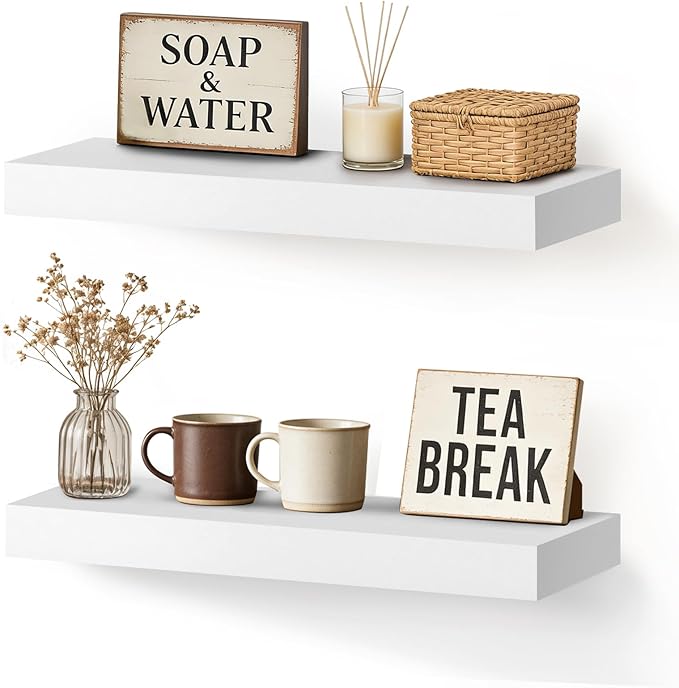 Floating Wall Shelf 16x6.8x1.7 Inch – Solid Wood Shelf in White Finish – Wall Mounted Rustic Display Organizer for Bathroom, 