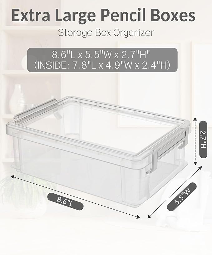 Sooez 6 Pack Extra Large Pencil Box, Plastic Hard Pencil Case Crayon Box Bulk, Clear Marker Organizer Plastic Containers with