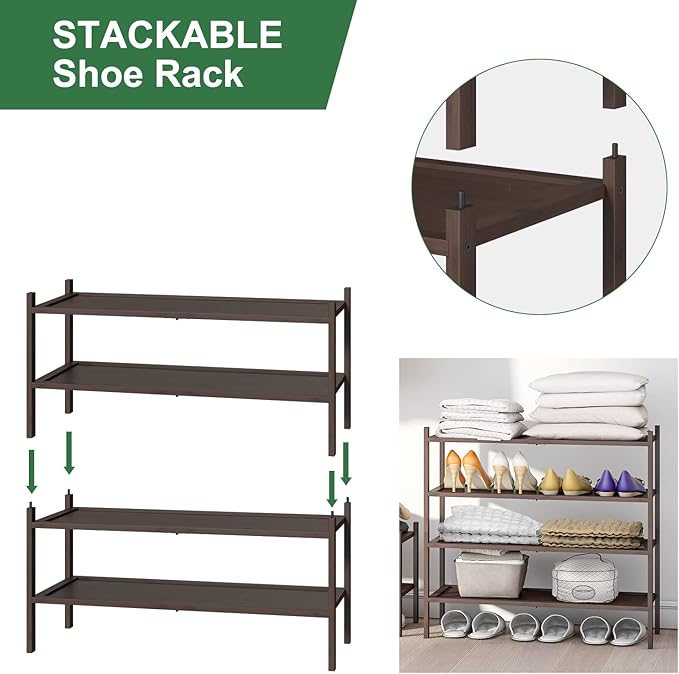 kiplant Bamboo Shoe Rack for Entryway, 2-Tier Stackable | Foldable | Natural, Shoe Organizer for Hallway Closet, Free Standin