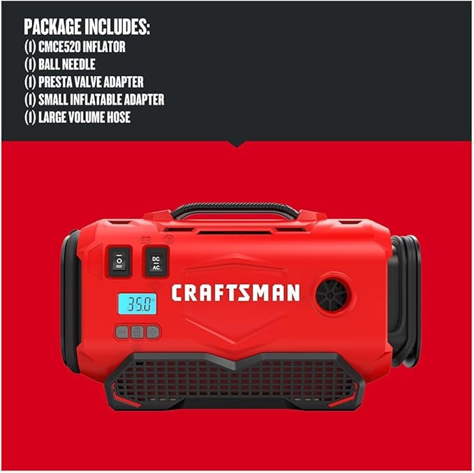 CRAFTSMAN V20 Tire Inflator Portable Air Compressor, Car Air Pump, 3 Modes Tire Pump: Cordless, 120V Corded, and 12V Car Adapter, Battery Sold Separately (CMCE520B)