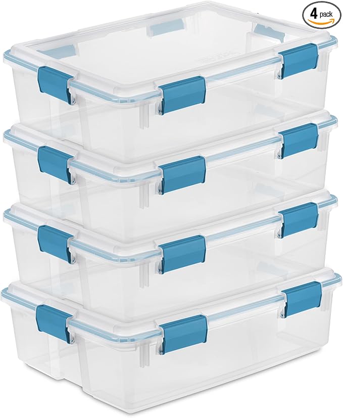 Sterilite 4-Pack Gasket Box, Home Storage Organizer Bins with Lids, 37 Quart – Stackable Clear Plastic Containers for Bedroom
