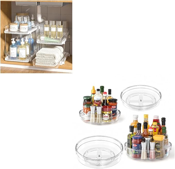 Delamu 2 Sets of 2-Tier Multi-Purpose Bathroom Under Sink Organizers and LAMU 4 Pack Lazy Susan Organizer Clear