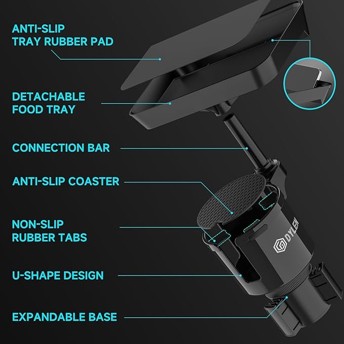 DYLEN Car Cup Holder Tray, Cup Holder Expander Adapter for Car, 9.5” Detachable Car Food Tray Table for Eating, Road Trip Ess