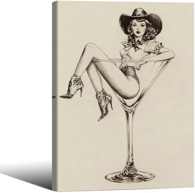 Vintage Western Framed Wall Art Coquette Cowgirl Martini Posters Prints 8x10 in Retro Bar Cart Cocktail Artwork Aesthetic for