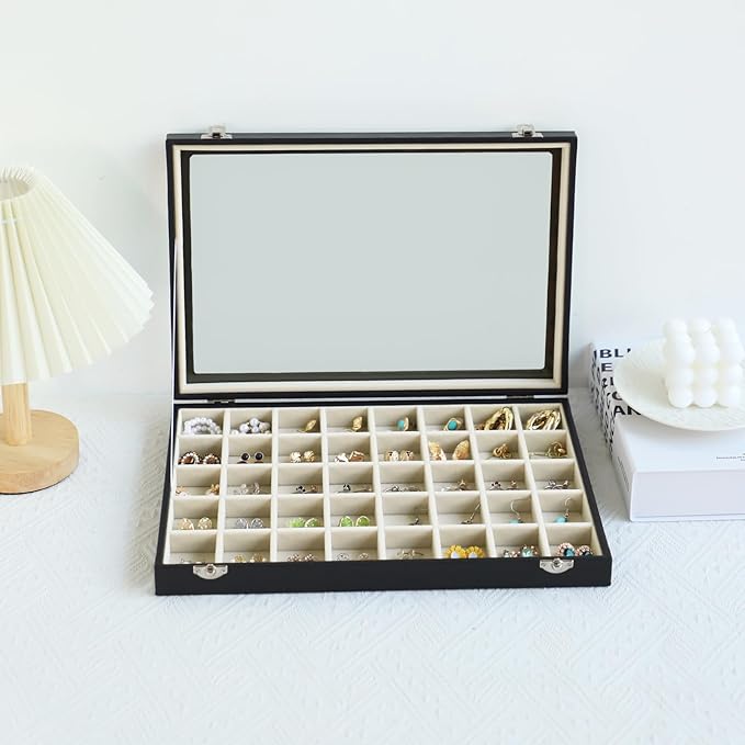 Stratalife Jewelry Organizer 40 Grid Beige Black Jewelry Tray with Clear Dust-proof Lid Velvet Earring Organizer Necklace Rin