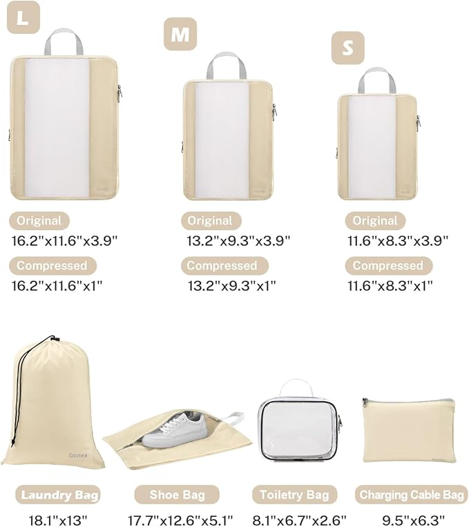 Gonex 8 Set Expandable Mesh Packing Cubes for Travel Essentials, Compression Organizer with Toiletry, Laundry, Shoe, Cable Ba