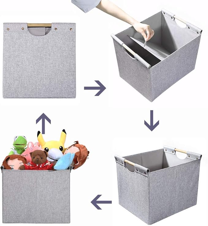HOONEX Large Foldable Storage Bins, Linen Fabric, 2 Pack, with Wooden Carry Handles and Sturdy Heavy Cardboard, for Home, Off