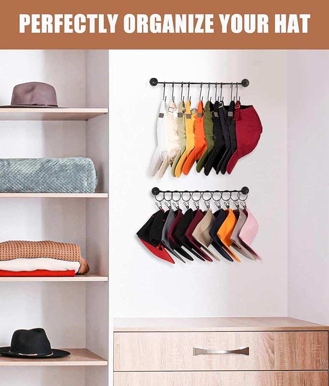 Livelab Hat Rack for Wall, Hat Organizer for Baseball Caps with 10 Hooks+10 Clips, 2 Pack Modern Metal Hat Storage Wall-Mount