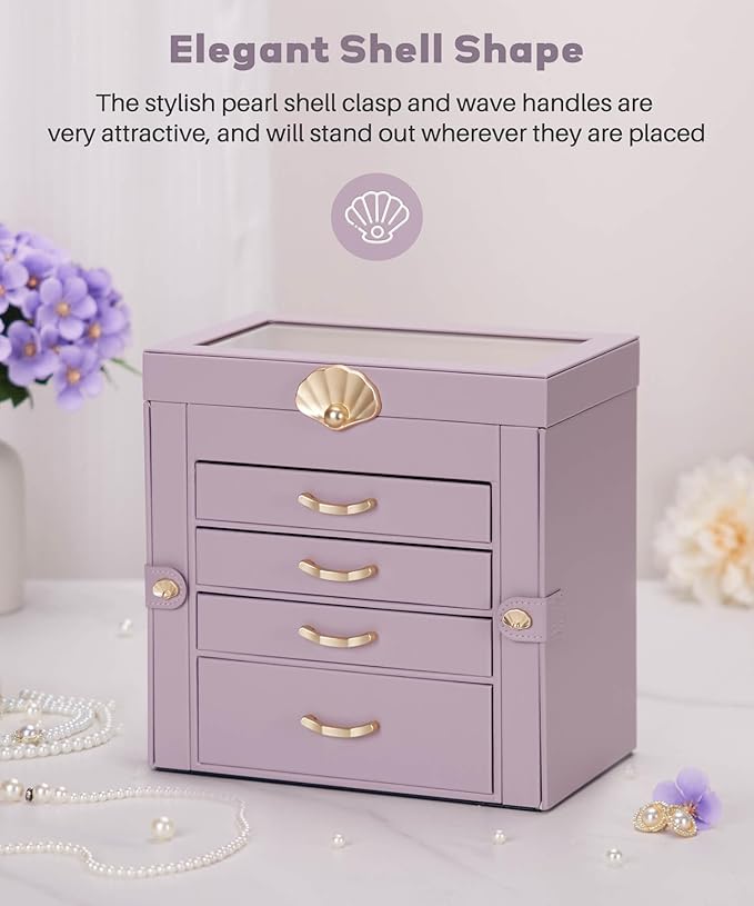 Enthralite Jewelry Box with 4 Drawers: Display Organizer for Earrings Necklaces - Gifts for Girls Women (Grey Purple)