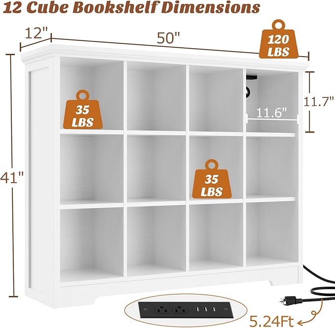 Aheaplus Wooden 12-Cube Storage Organizer with Charging Ports, Modern Cube Bookcase with Base, 4-Tier Floor Standing Open Cub