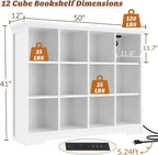 Aheaplus Wooden 12-Cube Storage Organizer with Charging Ports, Modern Cube Bookcase with Base, 4-Tier Floor Standing Open Cub