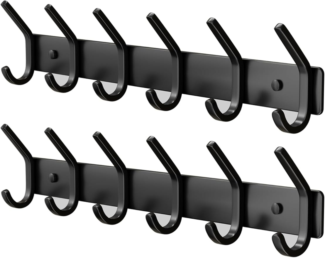 GWAAZXGZ Coat Rack Wall Mount Hooks - 15 Inch Matte Black Metal 6-Hook Organizer Wall Mounted, Modern Kids Room, Entryway & B