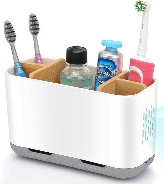 GFWARE Toothbrush Holders for Bathrooms - Bamboo Divider Toothbrush and Toothpaste Holder with Drainage, Kids Electric Toothb