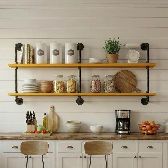 Industrial Pipe Shelving Rustic Floating Bookshelf for Living Room 60 Inch Wall Mounted Bookshelf Pipe Shelves with Wood Plan