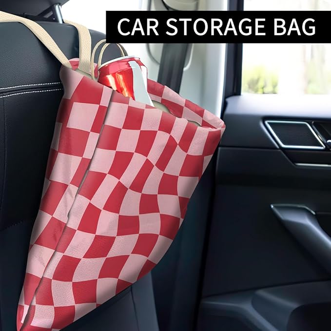 Car Trash Can, Cute Car Trash Bag, Hanging Car Organizer and Storage Bag, Trash Bin for Car Accessories, Vehicle, Travelling, Camping Cute Pink Abstract Checkerboard