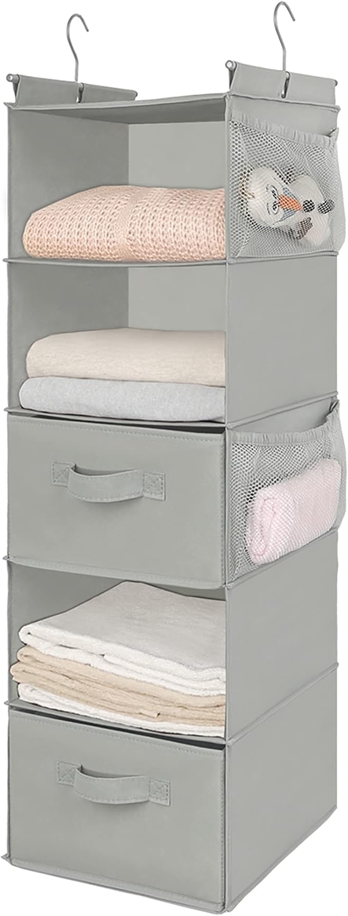 MAX Houser 5 Tier Shelf Hanging Closet Organizer, Cloth Hanging Shelf with 2 Sturdy Hooks for Storage, Foldable (Light Grey-D