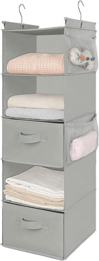 MAX Houser 5 Tier Shelf Hanging Closet Organizer, Cloth Hanging Shelf with 2 Sturdy Hooks for Storage, Foldable (Light Grey-D