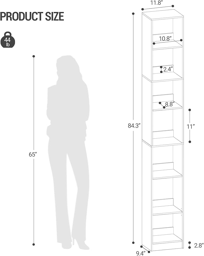 Hzuaneri Bookcase, Tall Narrow Bookshelf, Open Display Storage Shelf, Skinny Cube Book Shelf with Adjustable Shelves, CD Rack