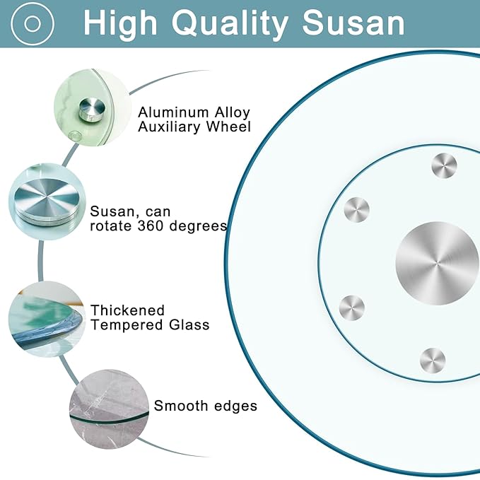 20'' Glass Lazy Susan Turntable Dining Table, 360° Large Round Serving Plate Tabletop Rotating Tray with with 6 Elegance Assi