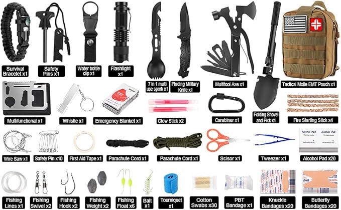 Emergency Survival Kit and First Aid Kit, 142Pcs Professional Survival Gear and Supplies Equipment with Molle Pouch, Gift for