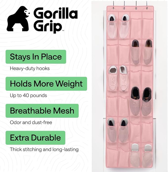 GORILLA GRIP Over the Door Shoe Organizer, 24 Large Breathable Mesh Pockets, Space Saving Hanging Storage Holder, Closet Rack