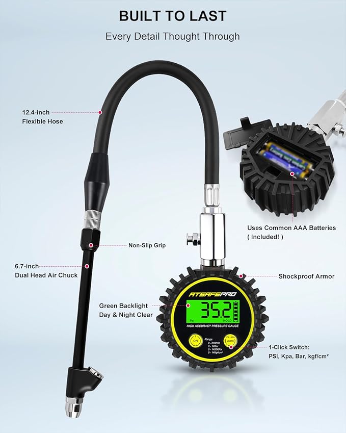 ATsafepro Digital Tire Pressure Gauge - Backlit Display, 200 PSI Accurate Tire Gauge - Hold Function, Long Hose, Dual Head Air Chuck, 4 Units, Bleed Valve, AAA Battery, for Car Truck RV