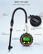 ATsafepro Digital Tire Pressure Gauge - Backlit Display, 200 PSI Accurate Tire Gauge - Hold Function, Long Hose, Dual Head Air Chuck, 4 Units, Bleed Valve, AAA Battery, for Car Truck RV