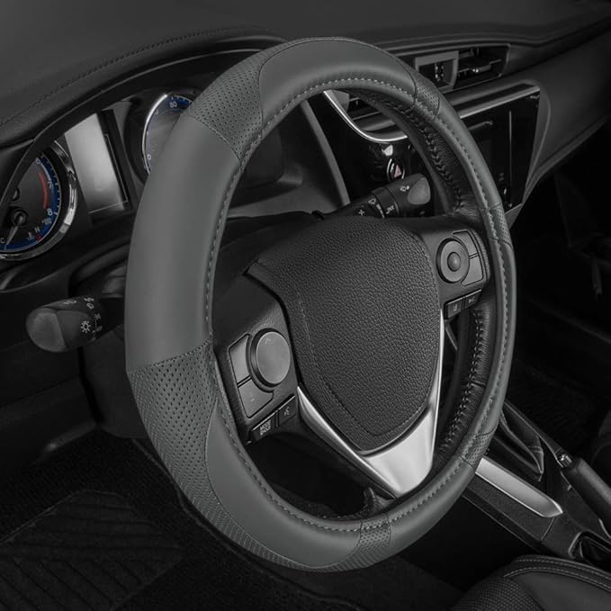 Motor Trend Perforated Microfiber Leather Steering Wheel Cover for Cars Trucks SUVs Vans, Sporty Racing Improved Grip Anti-Fa