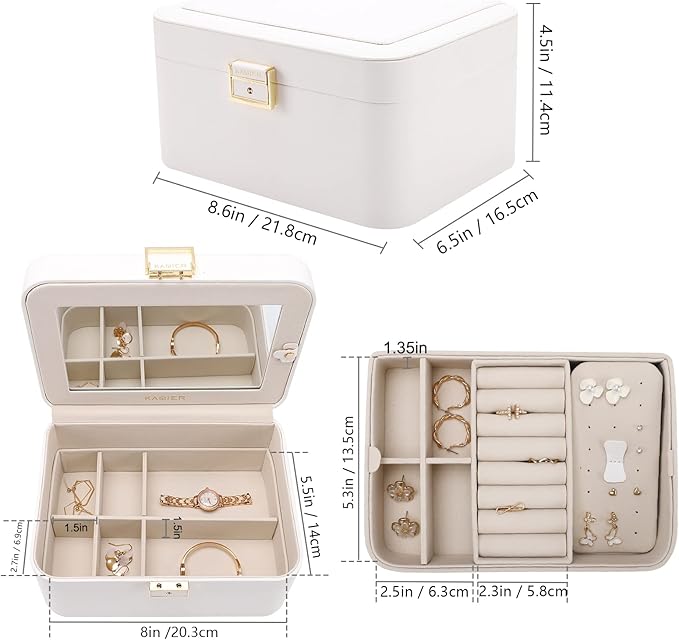 KAMIER Travel Jewelry Box, 2 Layers PU Leather Portable Jewelry Organizer, Large Capacity, Double Lock and Large Mirror, Hidd