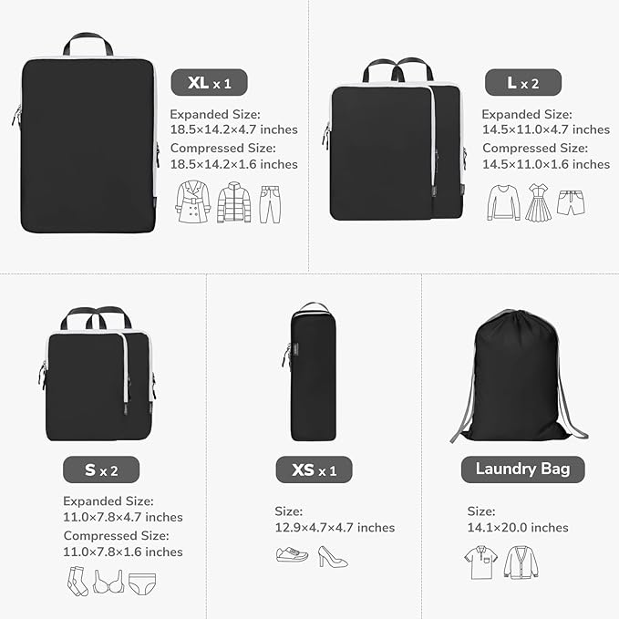 CherryNow Compression Packing Cubes, 7 Set Packing Cubes for Travel, Suitcase Organizers, Luggage Essentials, Travel Bags for