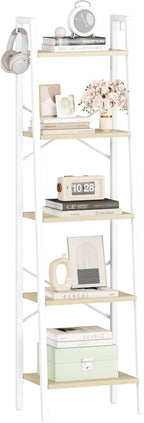 Hzuaneri Ladder Shelf, Bookshelf Bookcase, Freestanding Corner Storage Shelve with 2 Hooks for Home Office, Living Room, Kitc