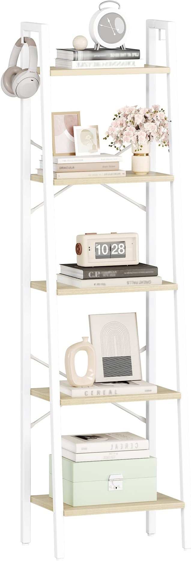 Hzuaneri Ladder Shelf, Bookshelf Bookcase, Freestanding Corner Storage Shelve with 2 Hooks for Home Office, Living Room, Kitc