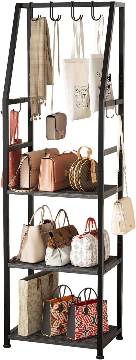 3-Tier Purse Stand Handbag Organizer, Tall Narrow Entryway Closet Bag Organizer, Wood Iron Storage Shelf, 4-in-1, with 8 Remo